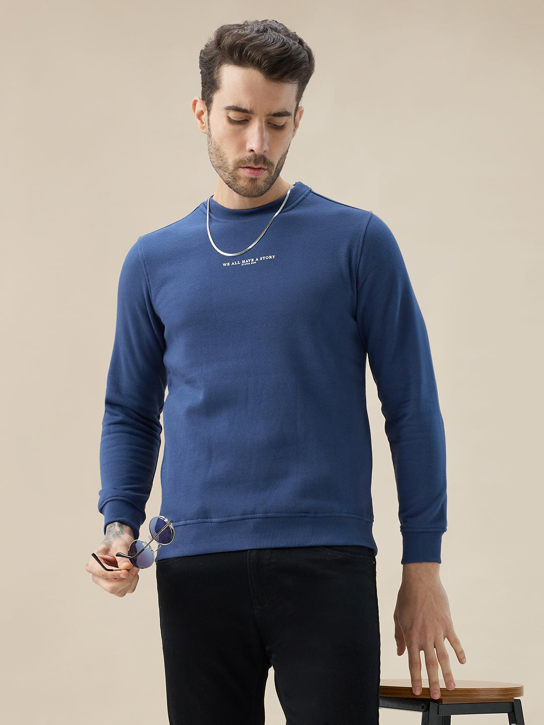 Men's Chest Typography Print Full Sleeves Round Neck Regular Fit Fleece Sweatshirt