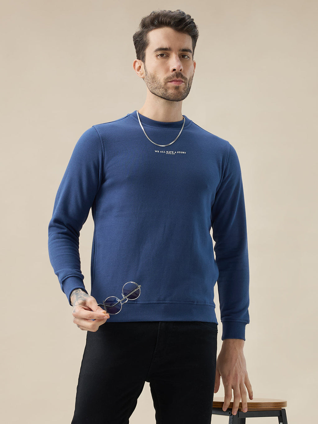 Men's Chest Typography Print Full Sleeves Round Neck Regular Fit Fleece Sweatshirt