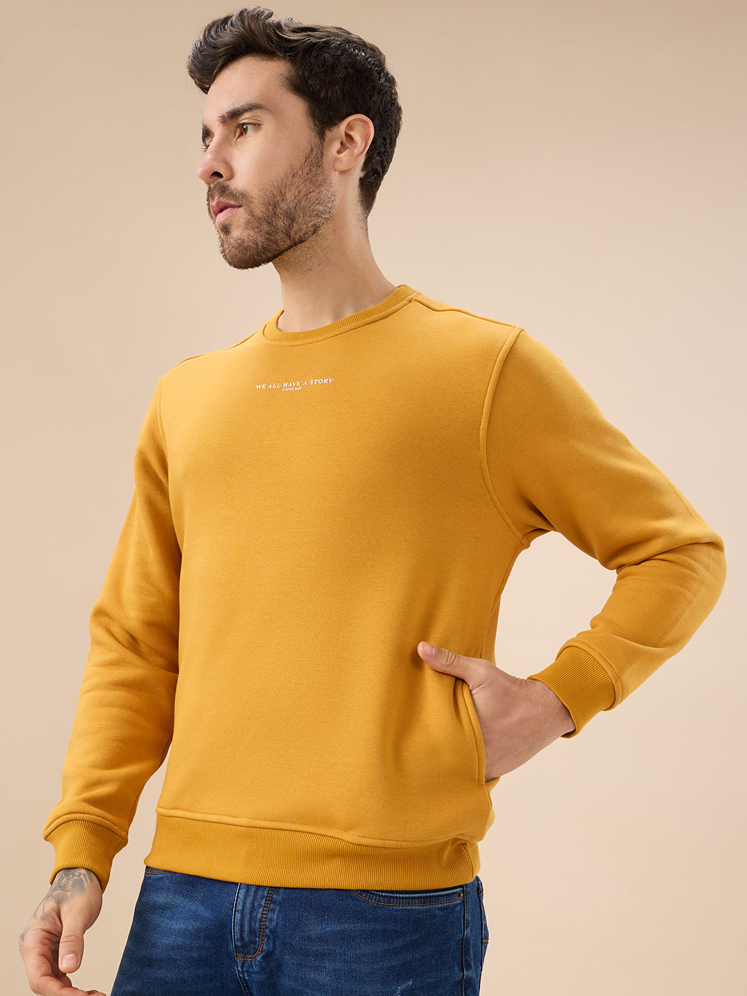 Men's Chest Typography Print Full Sleeves Round Neck Regular Fit Fleece Sweatshirt Secondary image