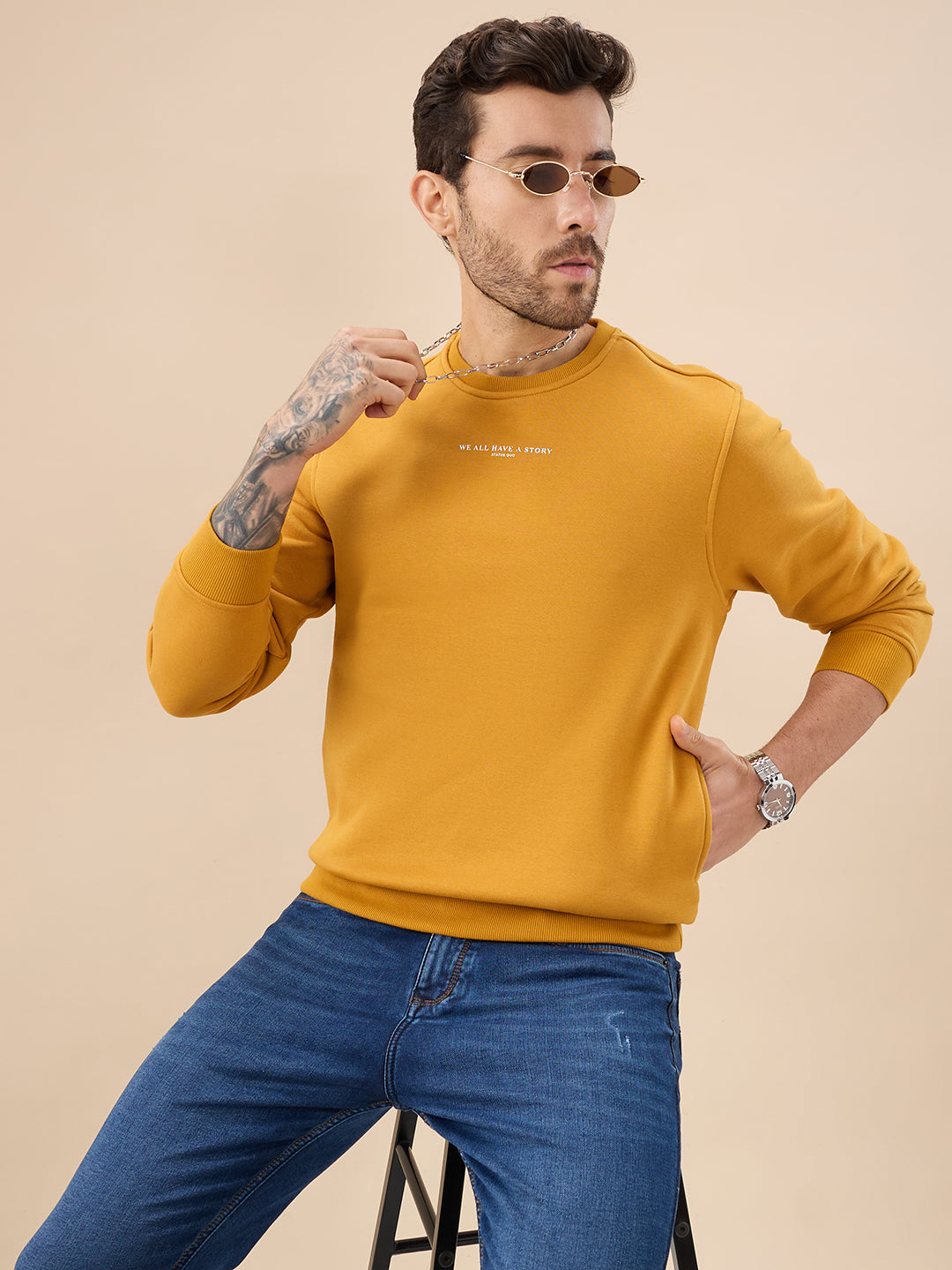 Men's Chest Typography Print Full Sleeves Round Neck Regular Fit Fleece Sweatshirt