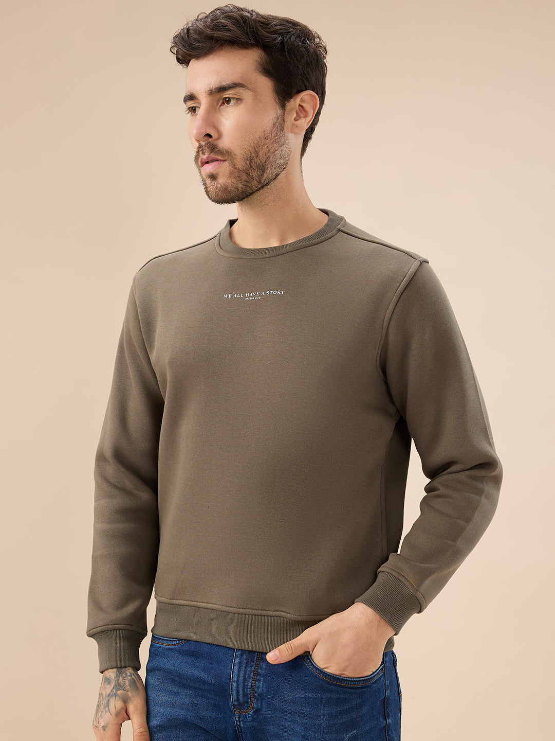 Men's Chest Typography Print Full Sleeves Round Neck Regular Fit Fleece Sweatshirt