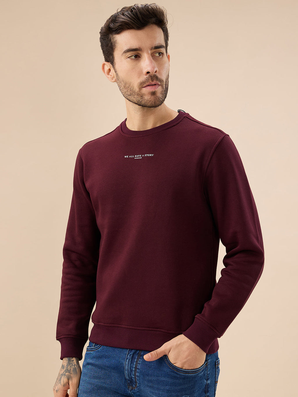 Men's Chest Typography Print Full Sleeves Round Neck Regular Fit Fleece Sweatshirt