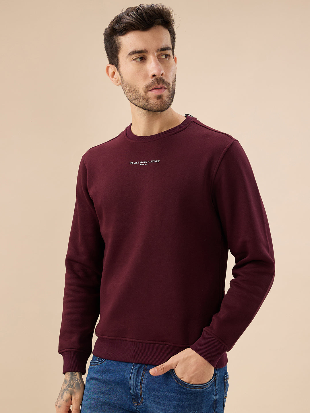 Men's Chest Typography Print Full Sleeves Round Neck Regular Fit Fleece Sweatshirt