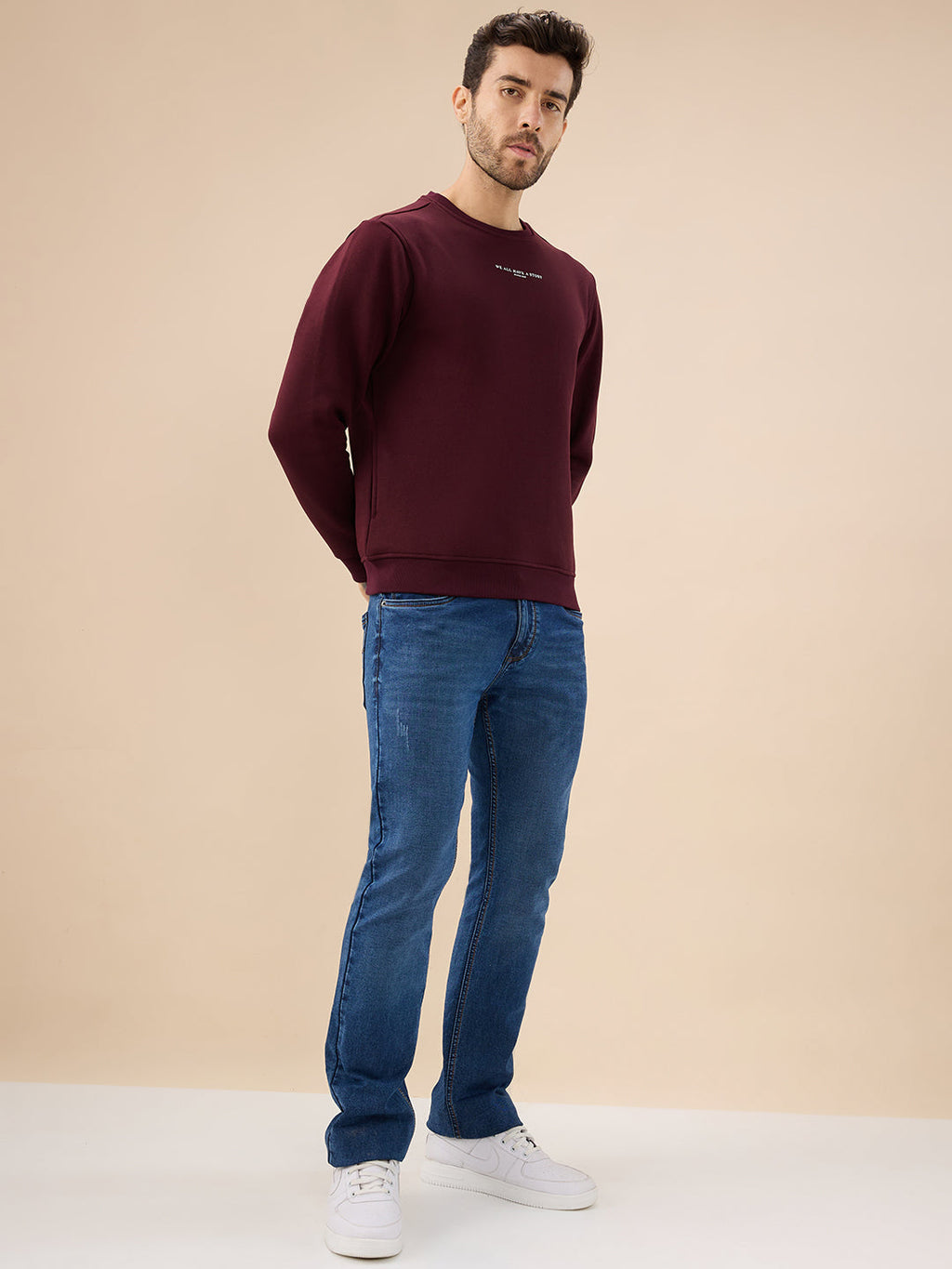 Men's Chest Typography Print Full Sleeves Round Neck Regular Fit Fleece Sweatshirt