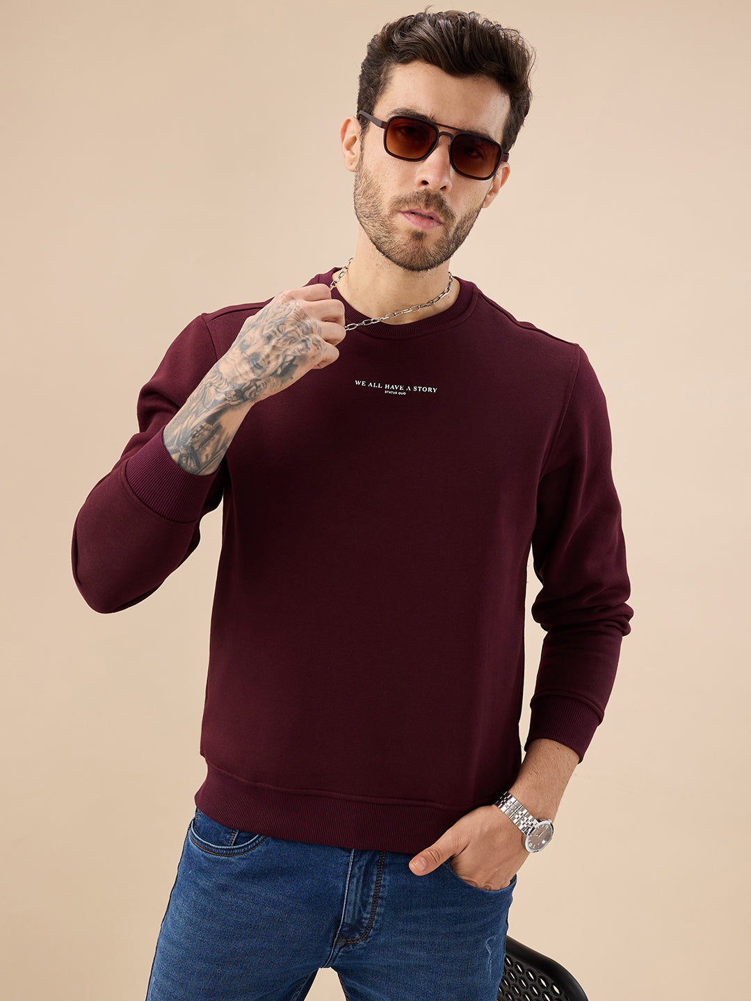 Men's Chest Typography Print Full Sleeves Round Neck Regular Fit Fleece Sweatshirt