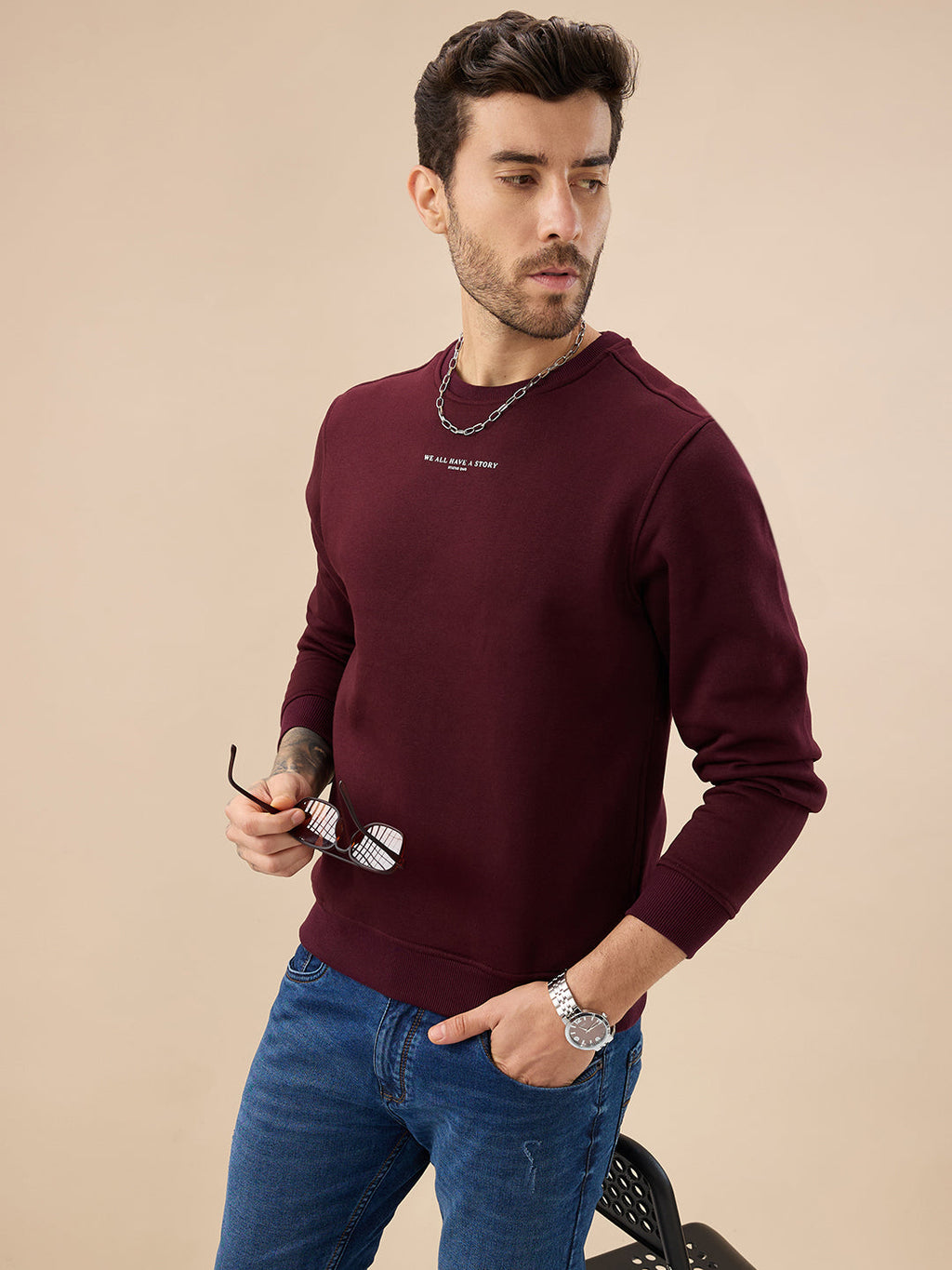 Men's Chest Typography Print Full Sleeves Round Neck Regular Fit Fleece Sweatshirt