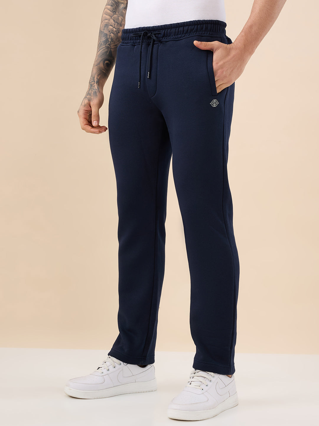 Men's Solid Regular Fit Fleece Trackpant with Drawstring Waist With Logo
