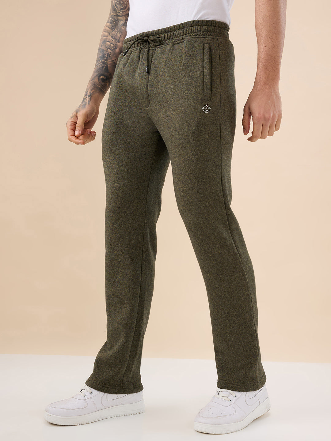 Men's Solid Regular Fit Fleece Trackpant with Drawstring Waist With Logo
