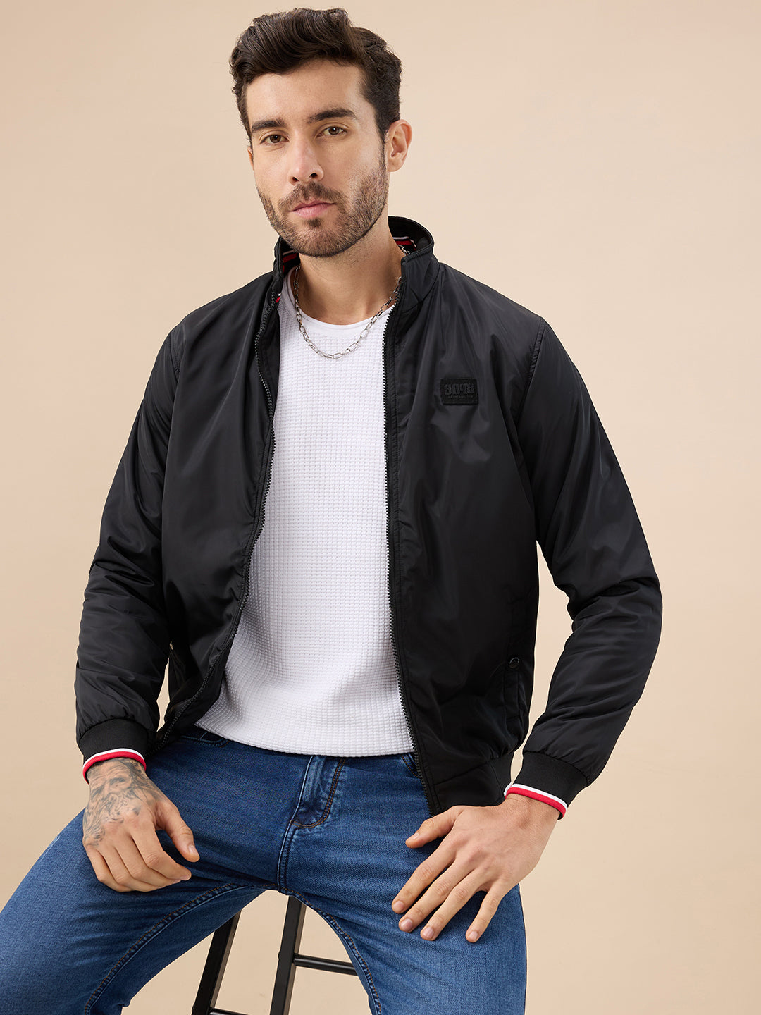 Mens Solid Zip-Front Regular Fit Jacket with Mock Collar