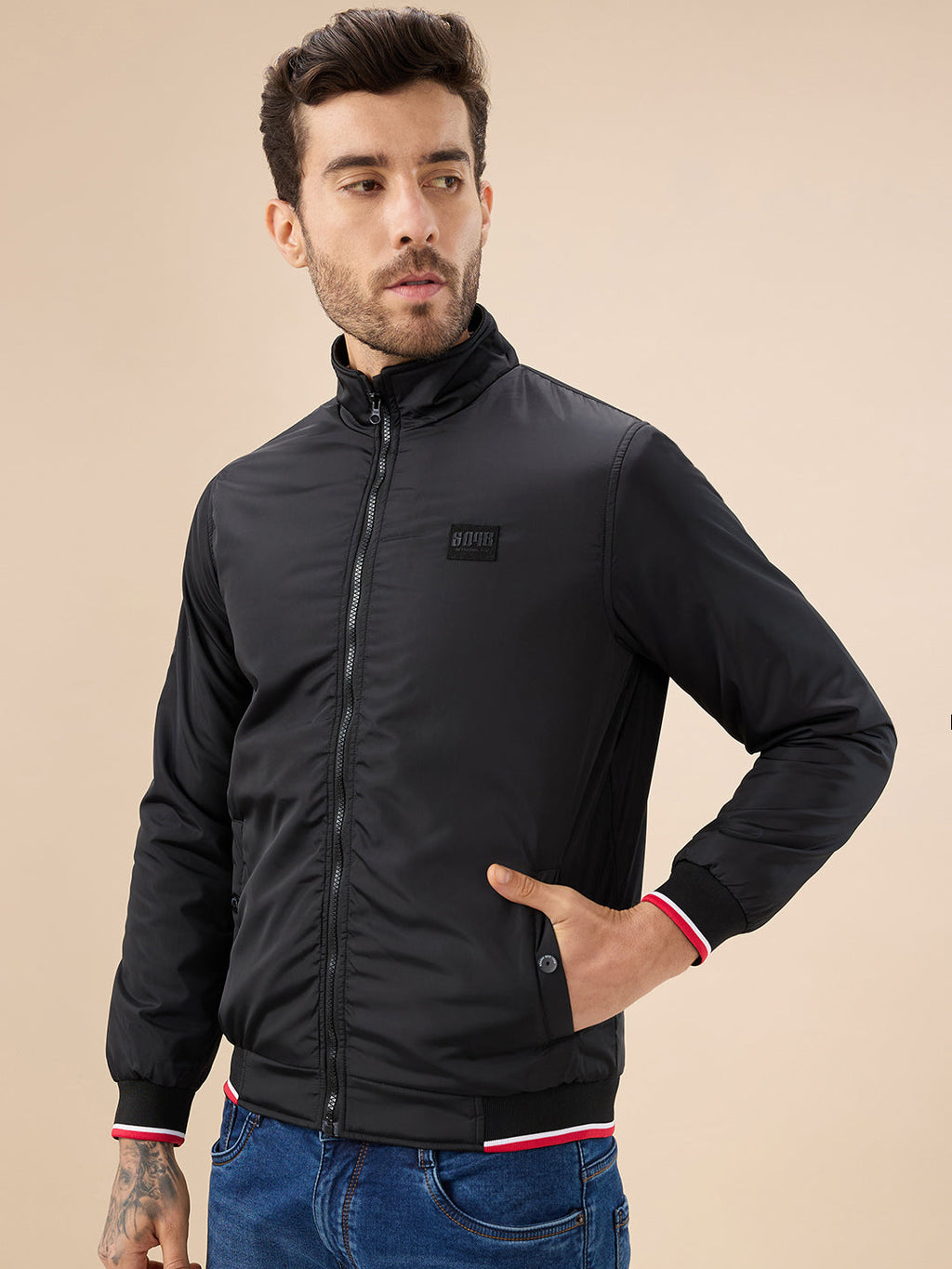 Mens Solid Zip-Front Regular Fit Jacket with Mock Collar