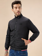 Mens Solid Zip-Front Regular Fit Jacket with Mock Collar