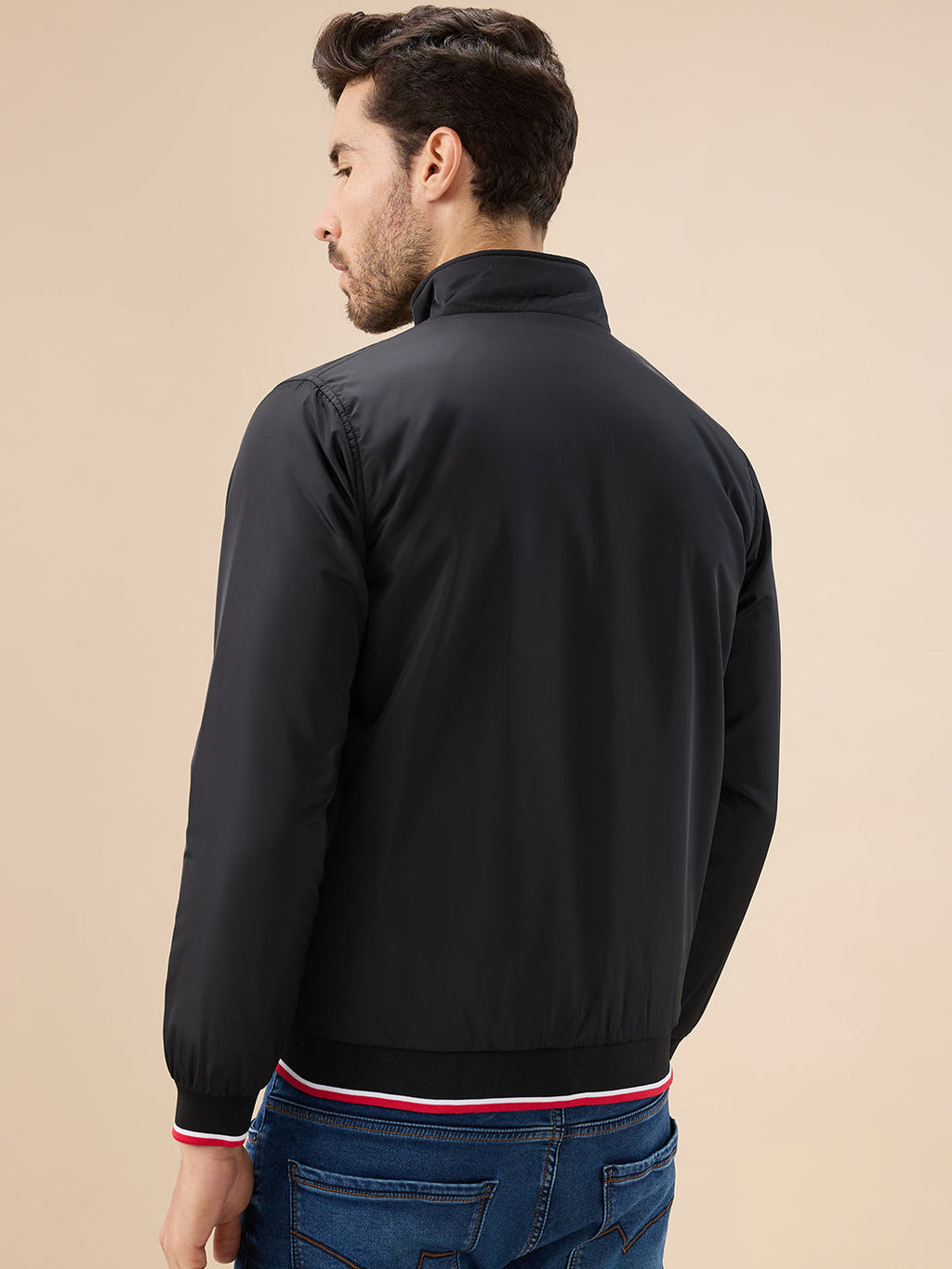 Mens Solid Zip-Front Regular Fit Jacket with Mock Collar