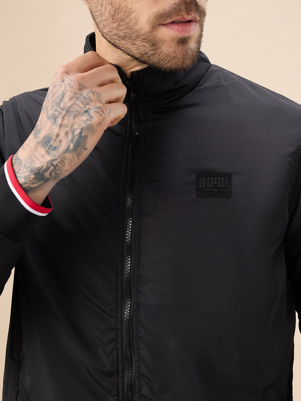 Mens Solid Zip-Front Regular Fit Jacket with Mock Collar