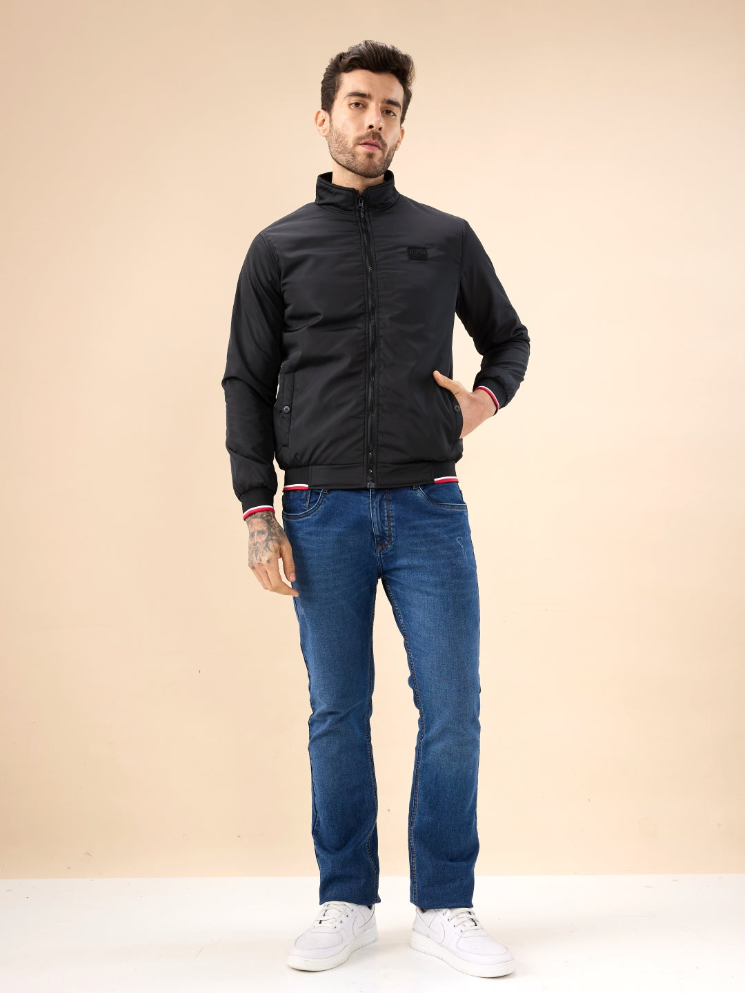 Mens Solid Zip-Front Regular Fit Jacket with Mock Collar