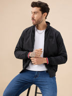 Mens Solid Zip-Front Regular Fit Jacket with Mock Collar