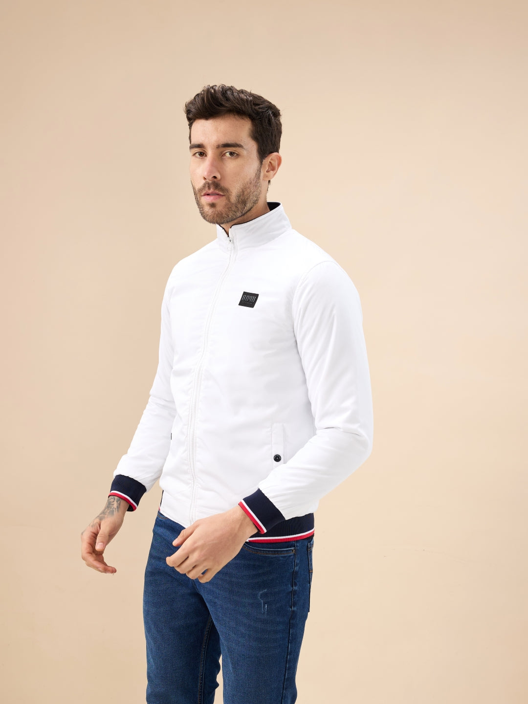 Men's Solid Zip-Front Regular Fit Jacket with Mock Collar