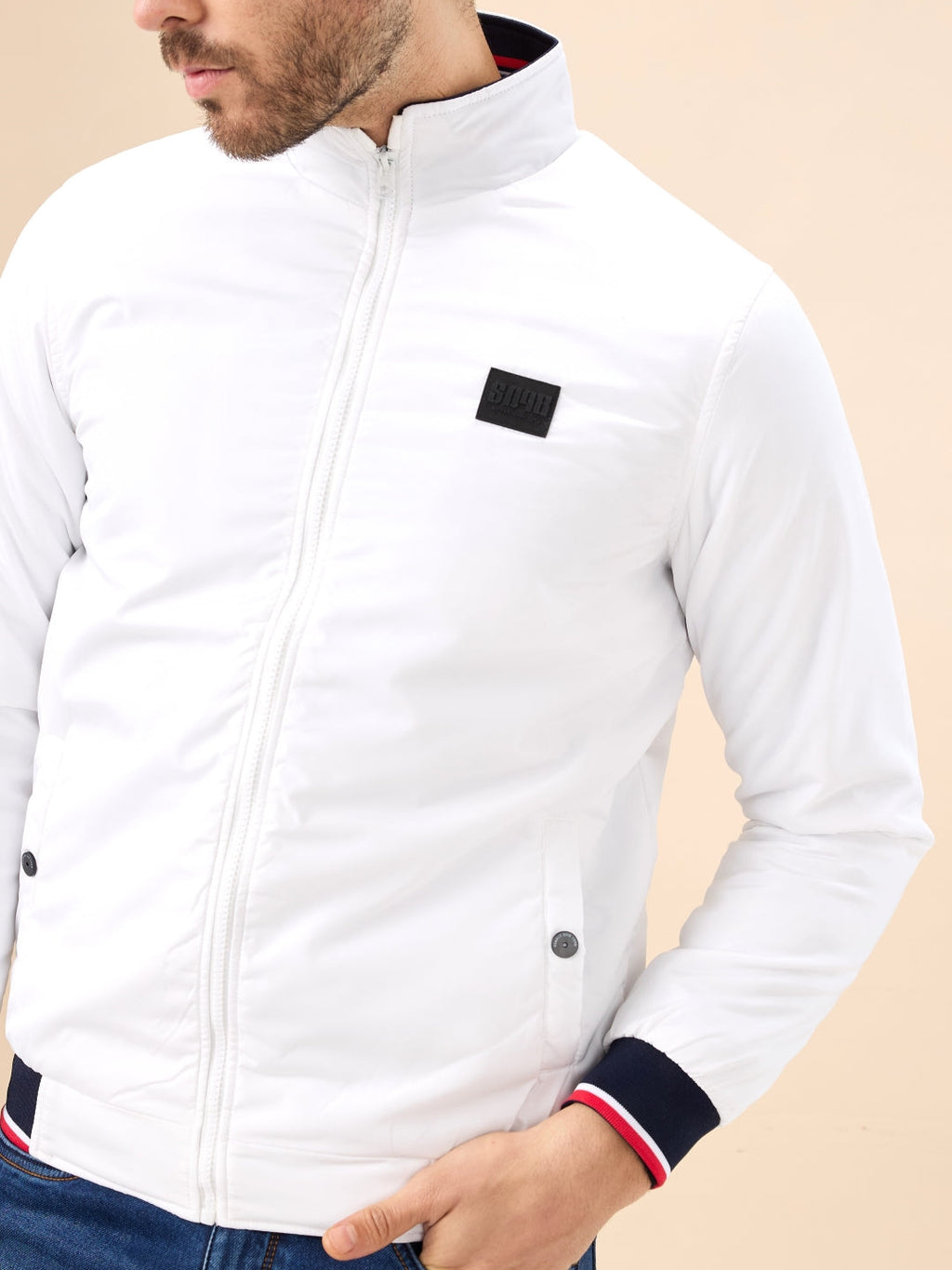 Men's Solid Zip-Front Regular Fit Jacket with Mock Collar