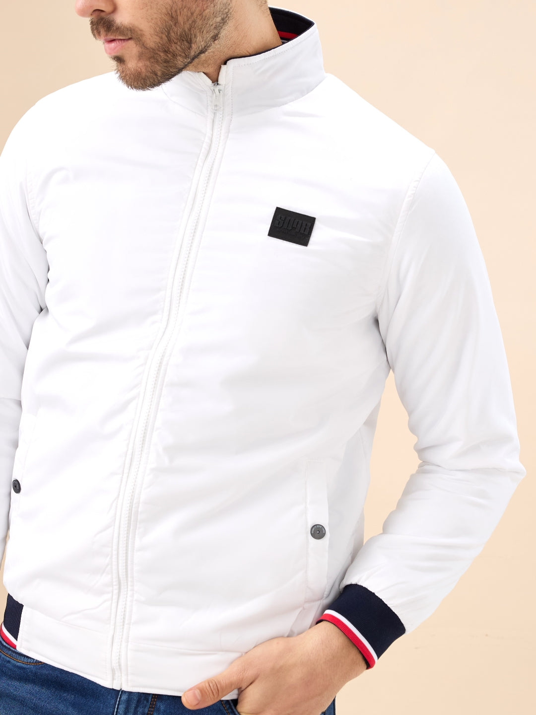 Men's Solid Zip-Front Regular Fit Jacket with Mock Collar