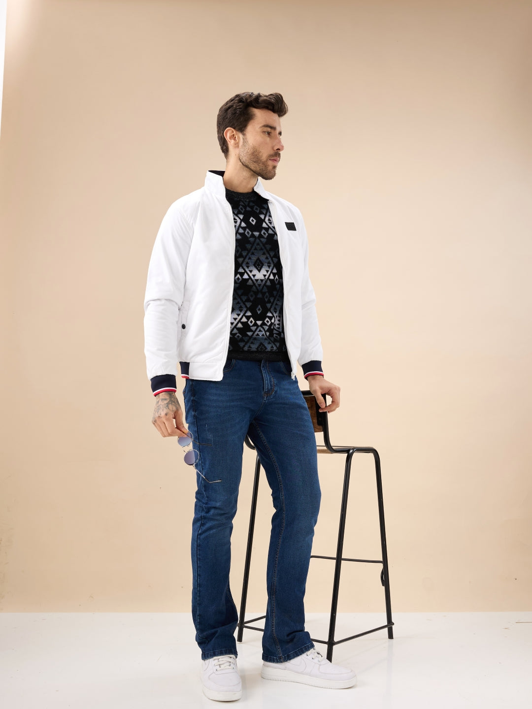 Men's Solid Zip-Front Regular Fit Jacket with Mock Collar