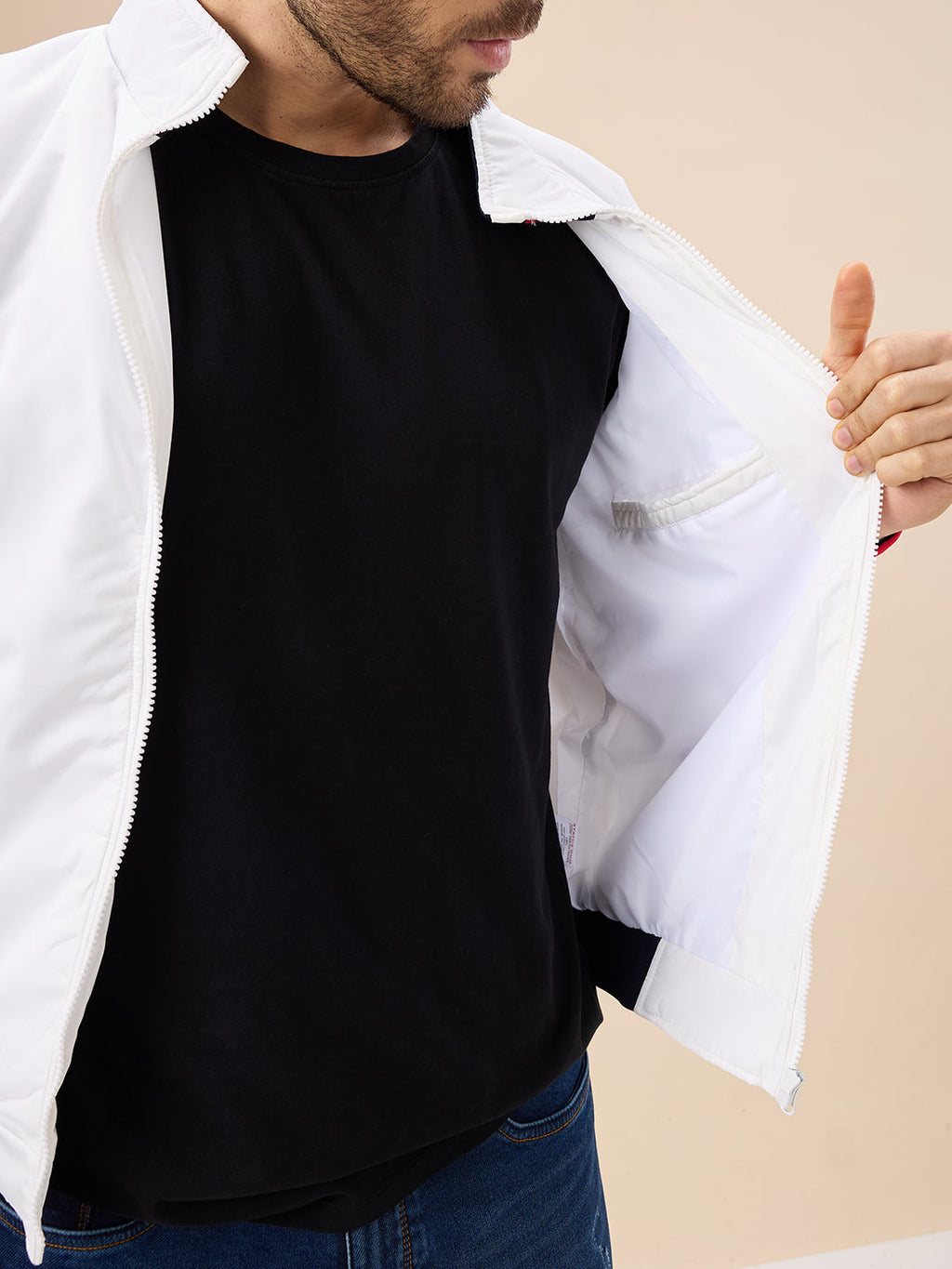 Men's Solid Zip-Front Regular Fit Jacket with Mock Collar