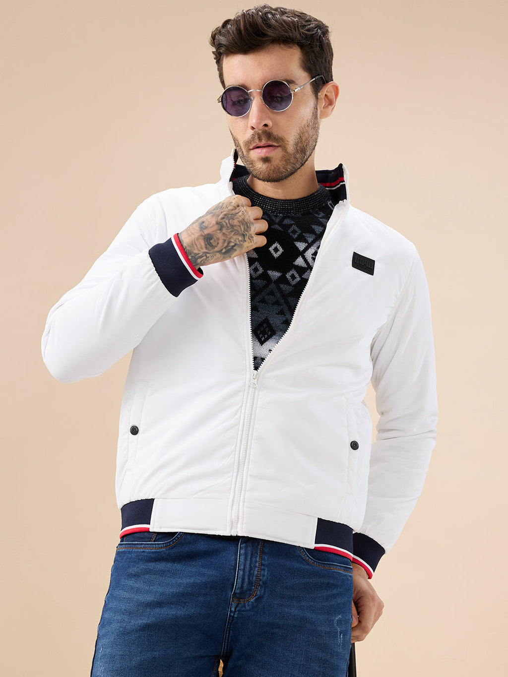 Men's Solid Zip-Front Regular Fit Jacket with Mock Collar