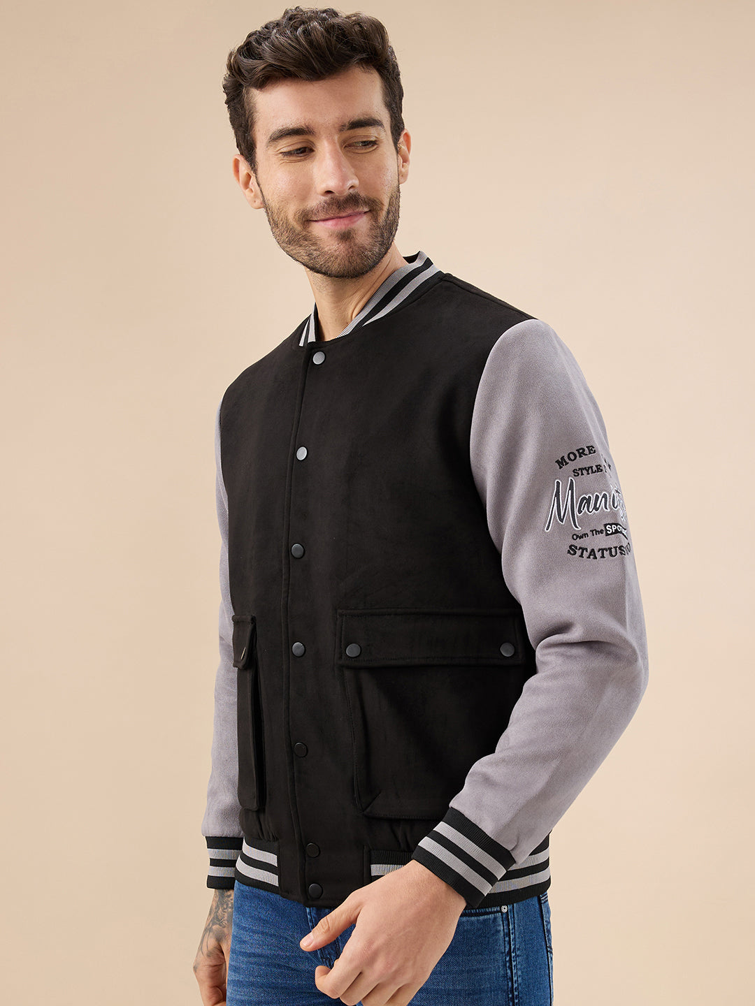 Men's Solid Full Sleeves with Typography Print Regualr Fit Varsity Jacket