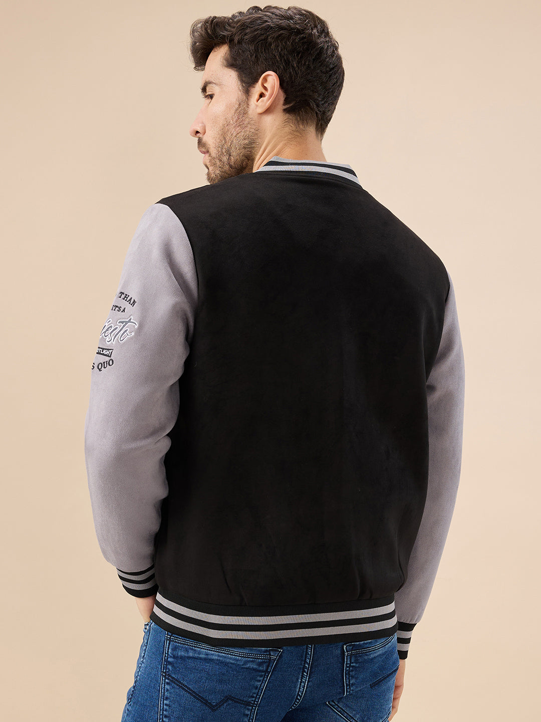 Men's Solid Full Sleeves with Typography Print Regualr Fit Varsity Jacket