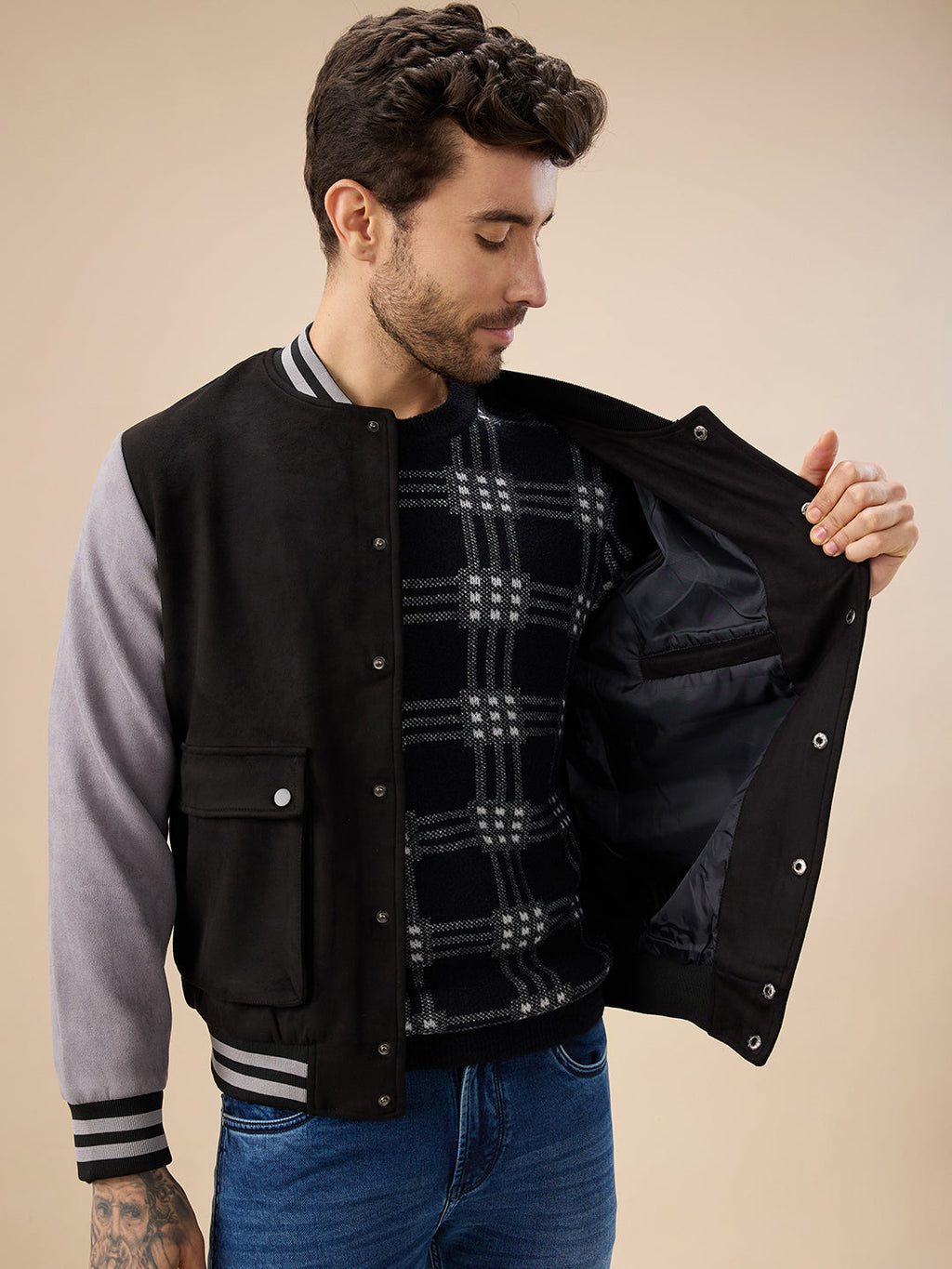 Men's Solid Full Sleeves with Typography Print Regualr Fit Varsity Jacket