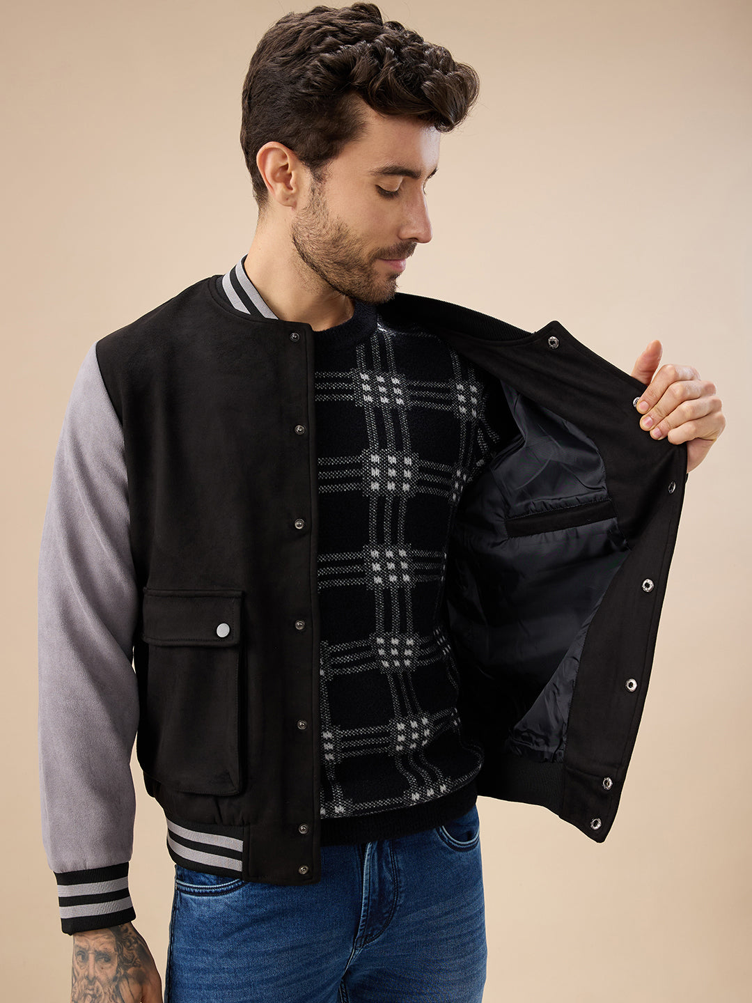 Men's Solid Full Sleeves with Typography Print Regualr Fit Varsity Jacket