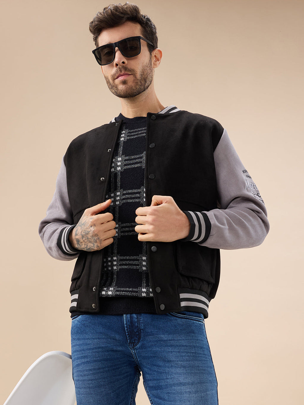Men's Solid Full Sleeves with Typography Print Regualr Fit Varsity Jacket