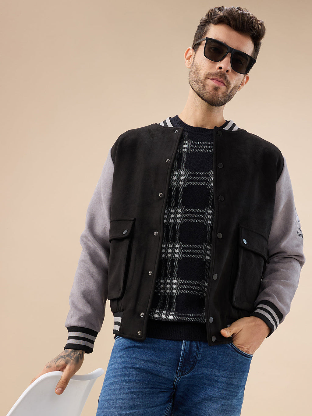 Men's Solid Full Sleeves with Typography Print Regualr Fit Varsity Jacket