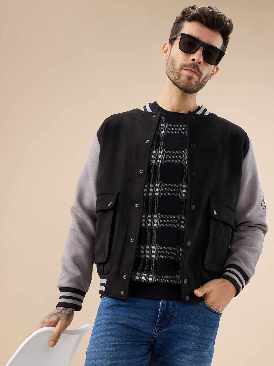 Men's Solid Full Sleeves with Typography Print Regualr Fit Varsity Jacket