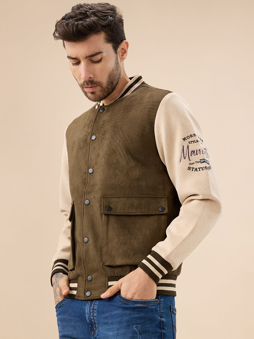 Men's Solid Full Sleeves with Typography Print Regualr Fit Varsity Jacket Secondary image