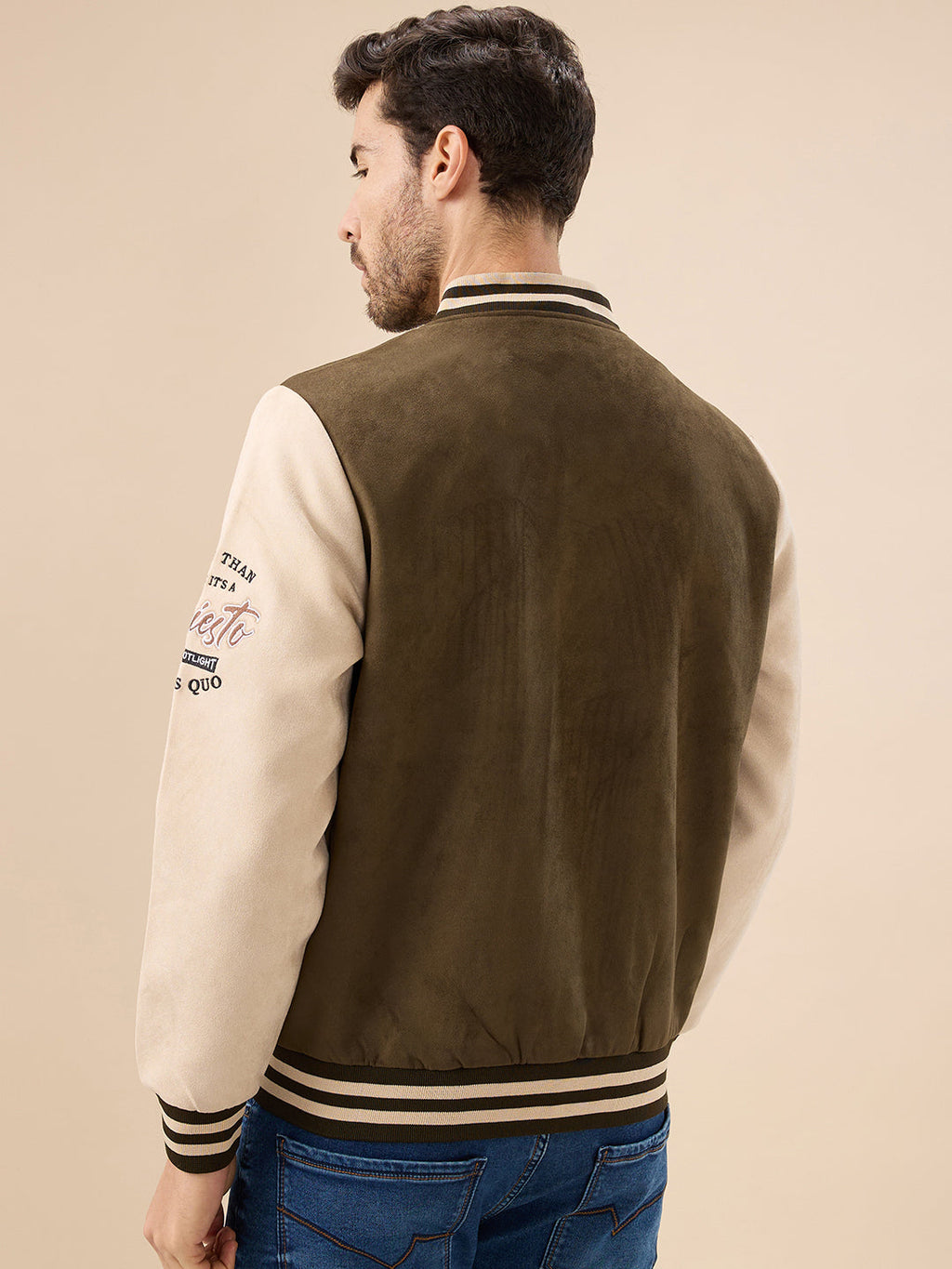 Men's Solid Full Sleeves with Typography Print Regualr Fit Varsity Jacket