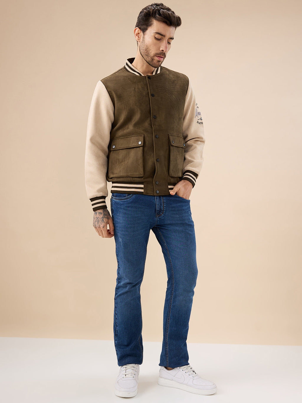 Men's Solid Full Sleeves with Typography Print Regualr Fit Varsity Jacket