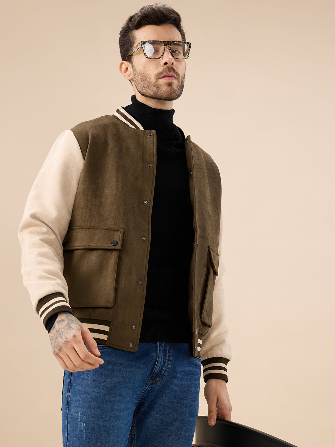 Men's Solid Full Sleeves with Typography Print Regualr Fit Varsity Jacket