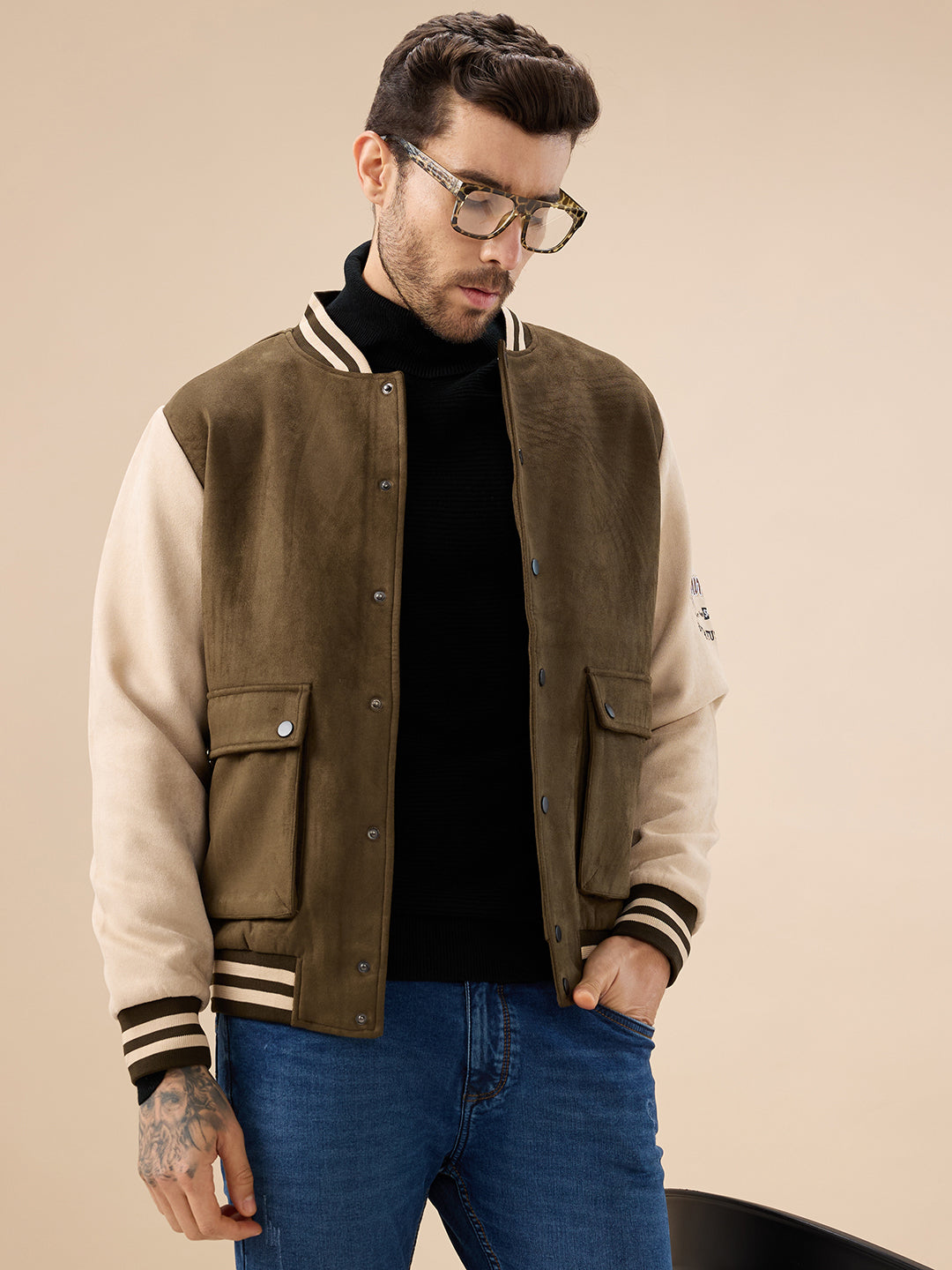 Men's Solid Full Sleeves with Typography Print Regualr Fit Varsity Jacket