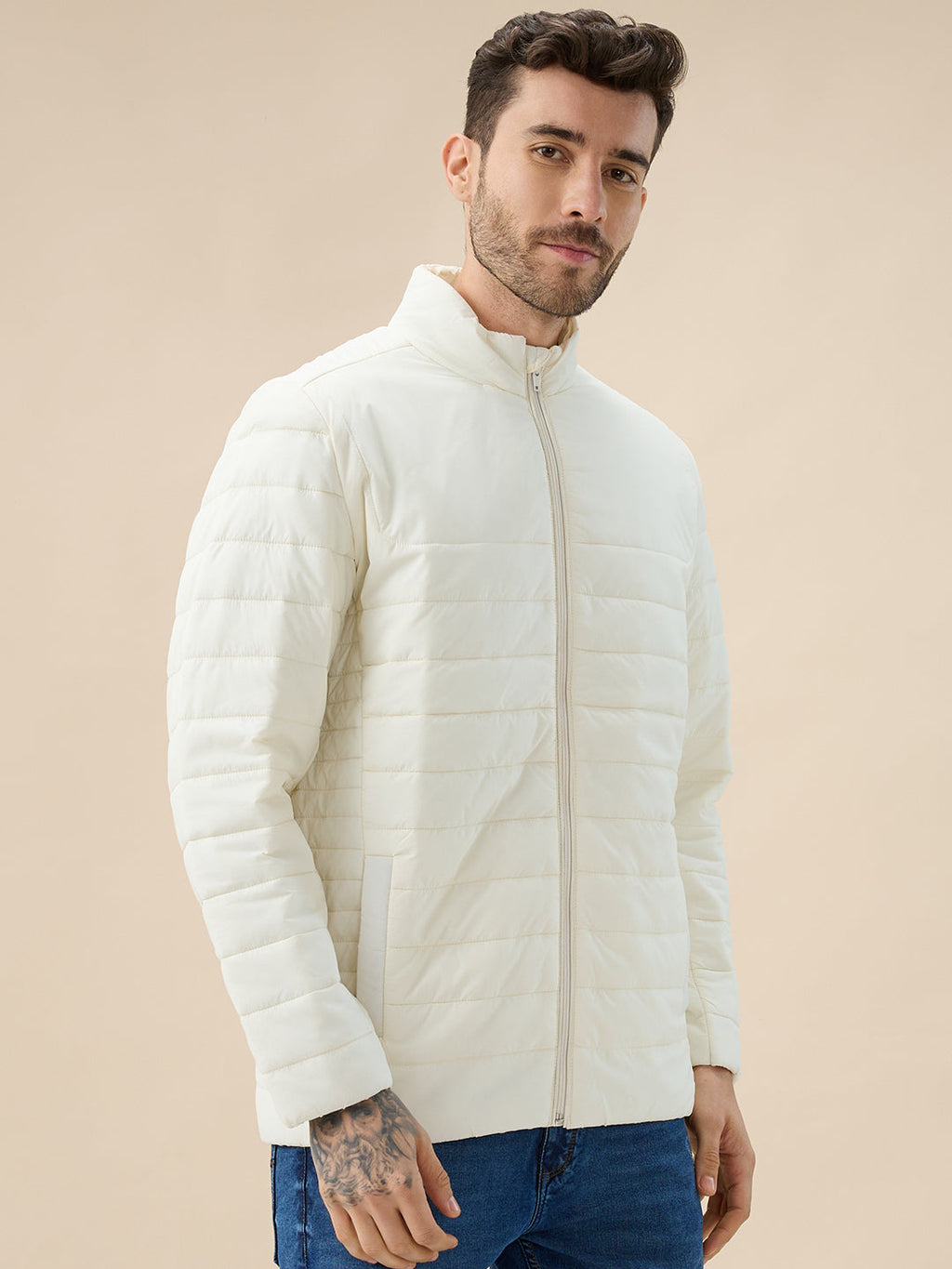 Men's Solid Padded Full Sleeve Mock Collar Regular Fit Jacket