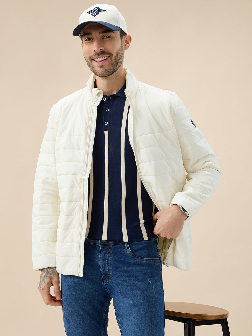 Men's Solid Padded Full Sleeve Mock Collar Regular Fit Jacket