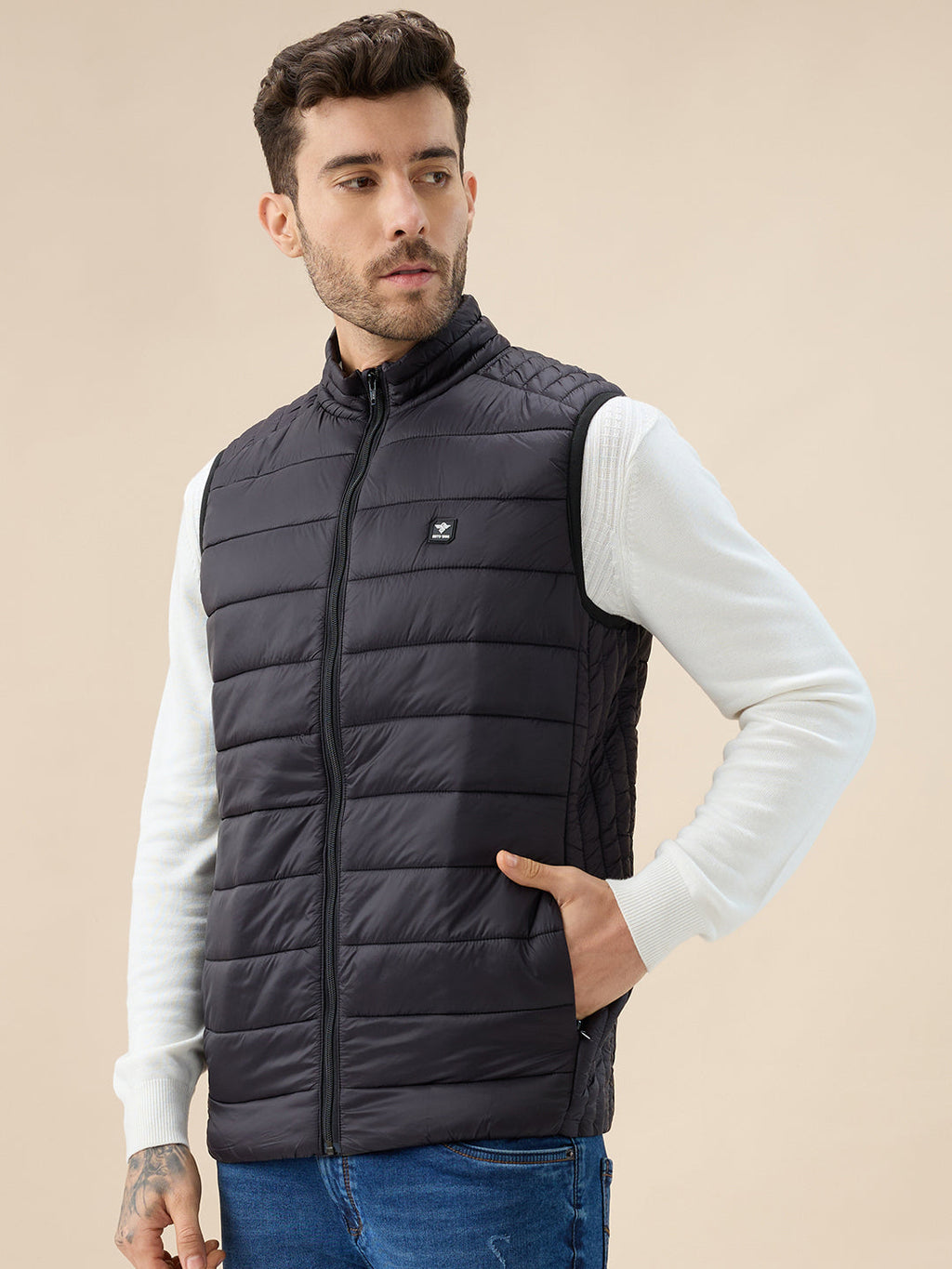 Mens Solid Padded Sleeveless Mock Collar Regular Fit Jacket