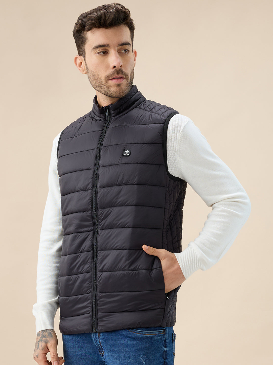Mens Solid Padded Sleeveless Mock Collar Regular Fit Jacket