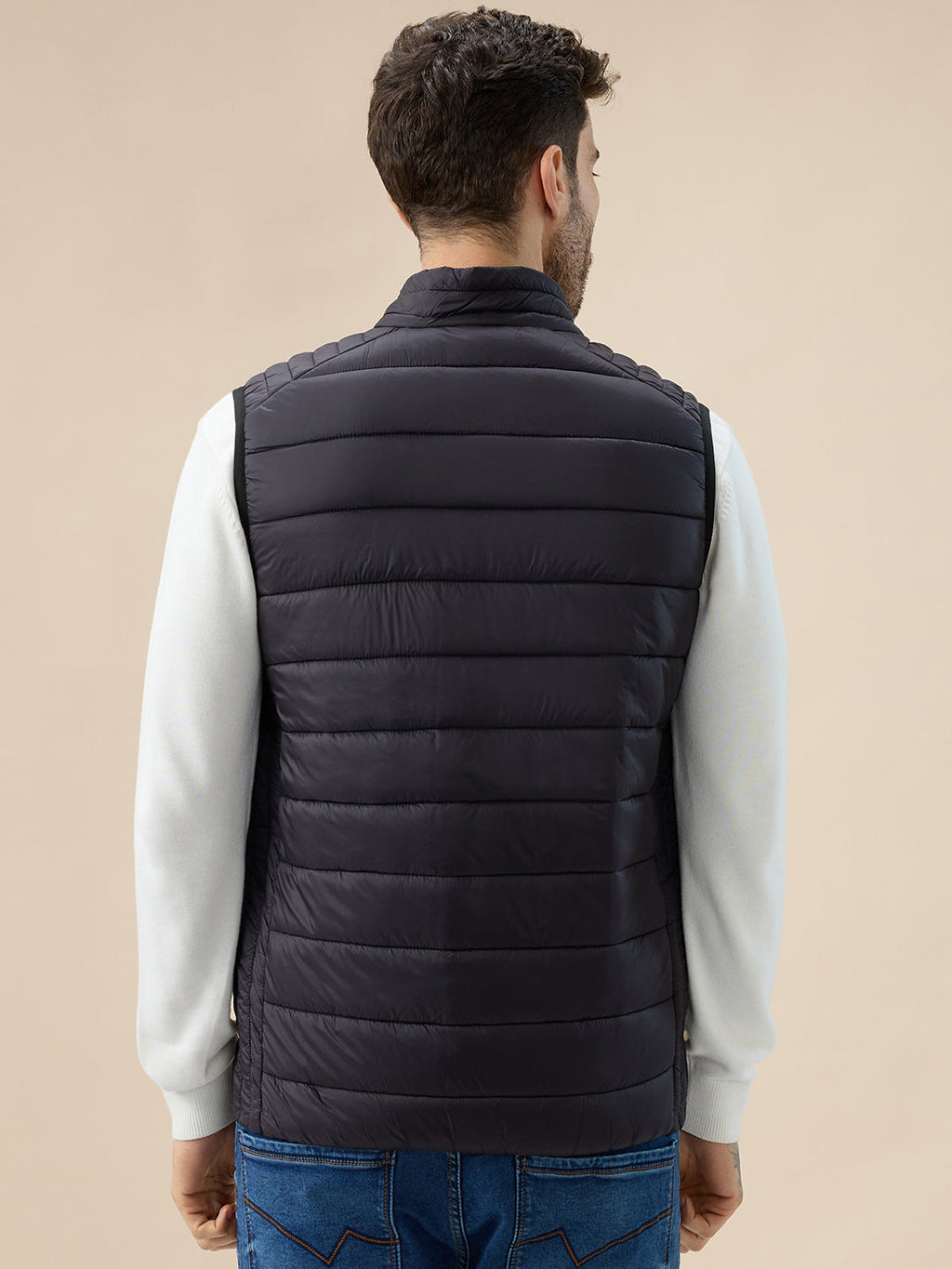 Mens Solid Padded Sleeveless Mock Collar Regular Fit Jacket