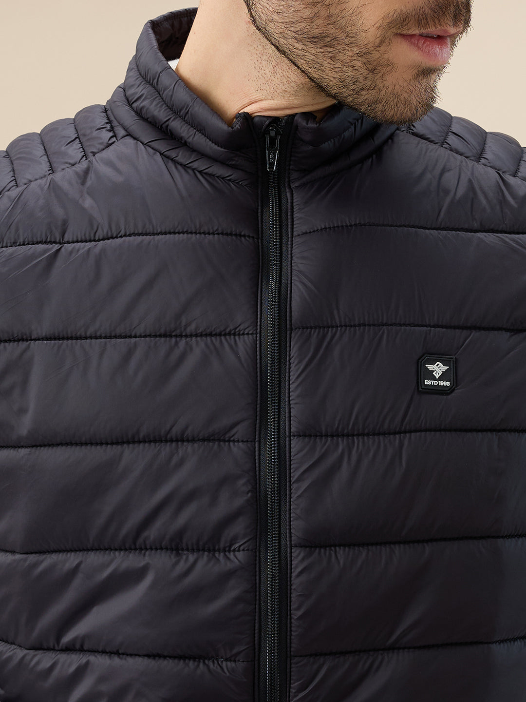 Mens Solid Padded Sleeveless Mock Collar Regular Fit Jacket