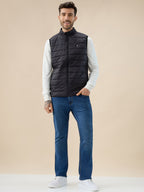 Mens Solid Padded Sleeveless Mock Collar Regular Fit Jacket