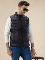 Mens Solid Padded Sleeveless Mock Collar Regular Fit Jacket