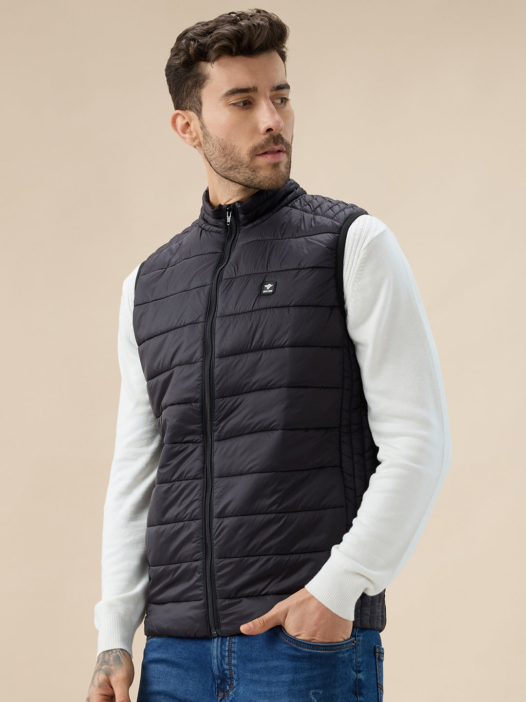 Mens Solid Padded Sleeveless Mock Collar Regular Fit Jacket