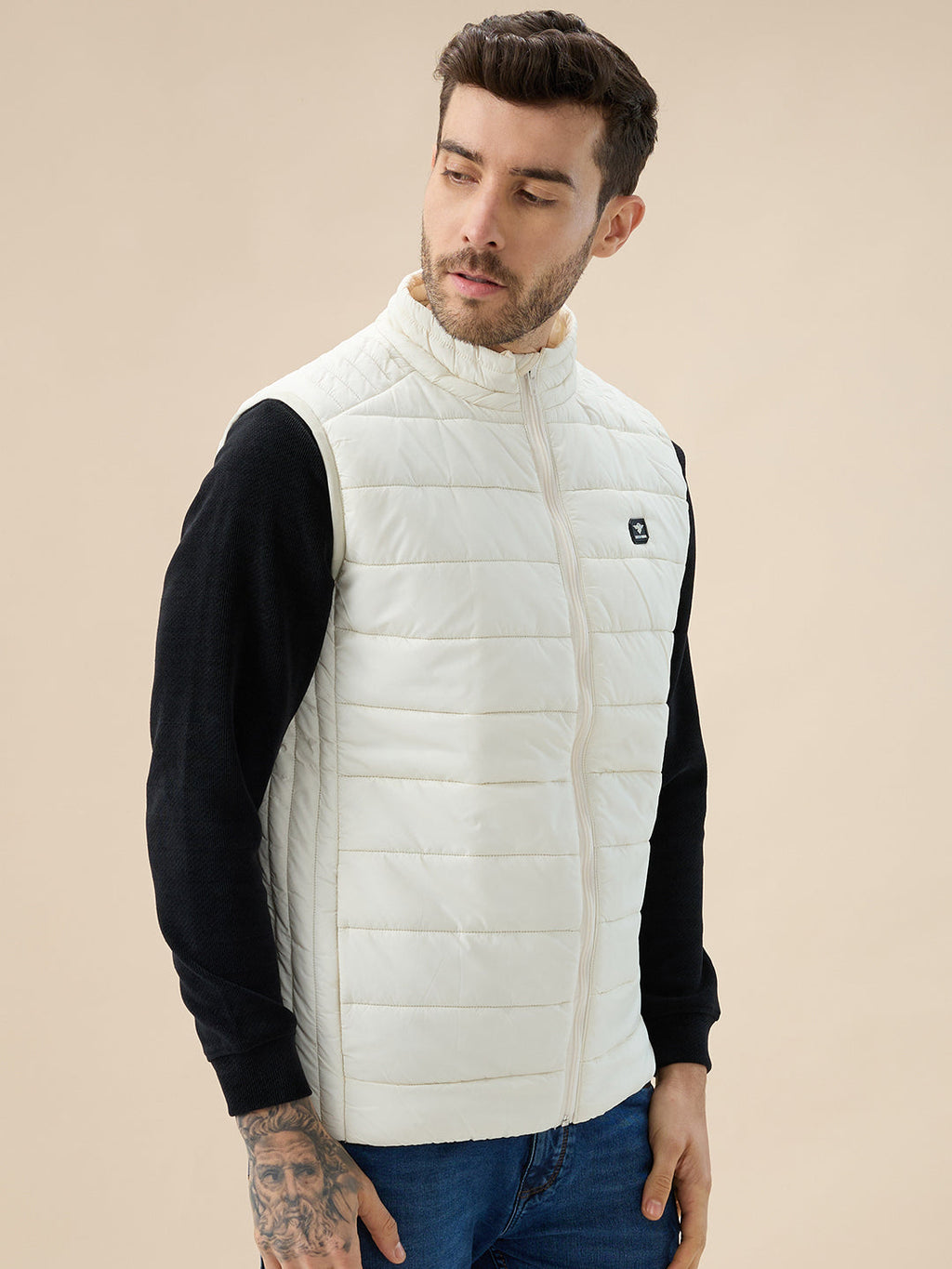 Mens Solid Padded Sleeveless Mock Collar Regular Fit Jacket
