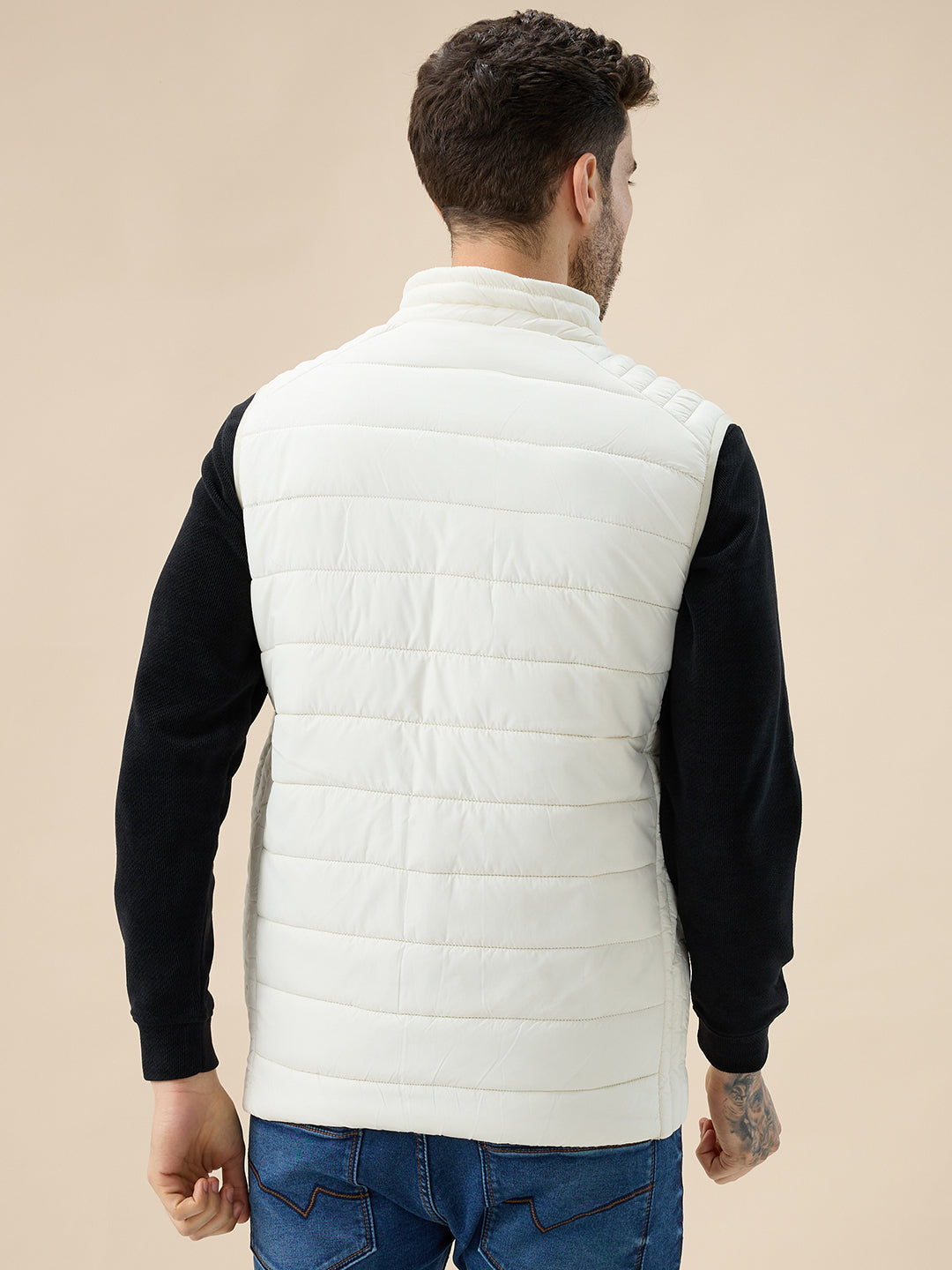 Mens Solid Padded Sleeveless Mock Collar Regular Fit Jacket