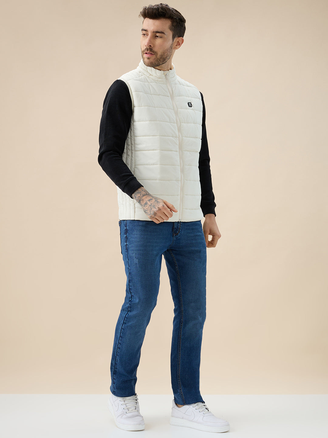 Mens Solid Padded Sleeveless Mock Collar Regular Fit Jacket