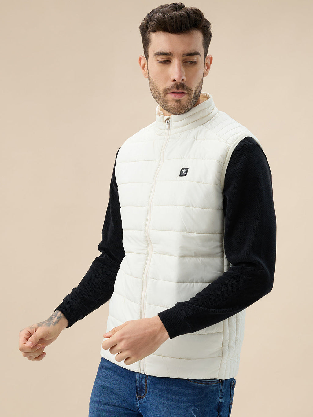 Mens Solid Padded Sleeveless Mock Collar Regular Fit Jacket